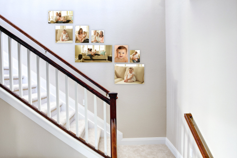 Family photo wall display for the stairs.  Photos by Adored by Meghan Rickard Photography, photographer in Richland WA